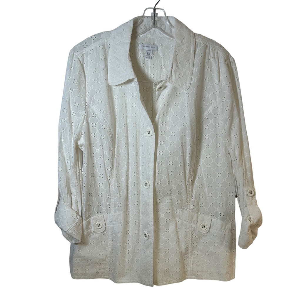 Charter Club Womens‎ White Eyelet Cotton Polishd Jacket Roll Tab Sleeve XL NEW